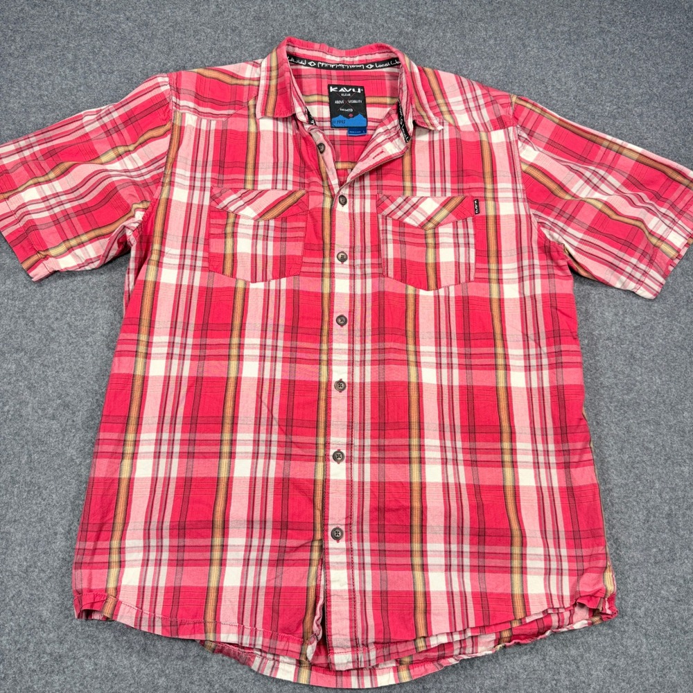 Kavu Mens Large Short Sleeve Plaid Button Down Shirt Red White 2686